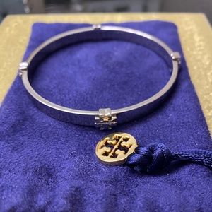 Tory Burch Logo Bangle Bracelet- Silver